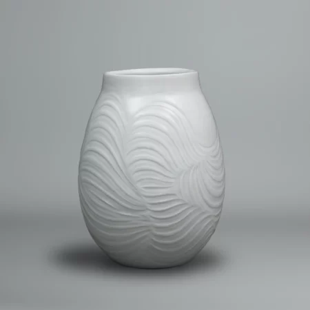 Pale celadon porcelain vase featuring finely carved lines by Fujii Shumei
