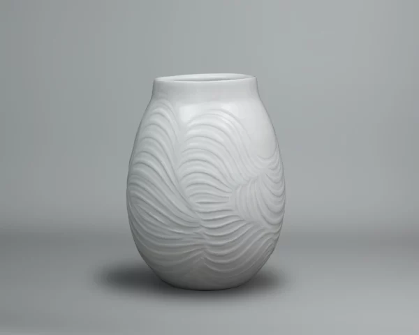 Pale celadon porcelain vase featuring finely carved lines by Fujii Shumei