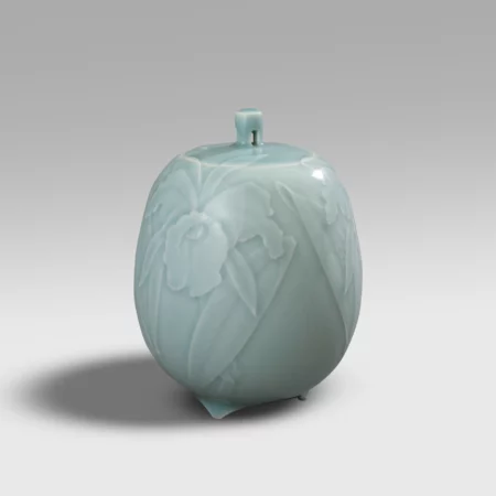Celadon porcelain incense burner with orchids by Ito Kei