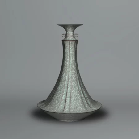 Large ceramic vase by Minegishi Seiko, resting on a large cylindrical base, the surface covered with a splendid cracked celadon glaze