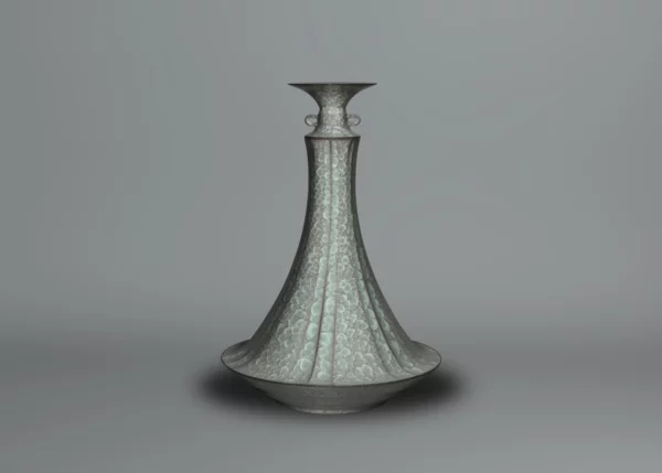 Large ceramic vase by Minegishi Seiko, resting on a large cylindrical base, the surface covered with a splendid cracked celadon glaze