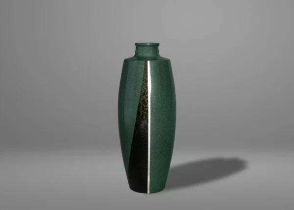 Green and golden-black patinated copper vase, inlaid in silver.