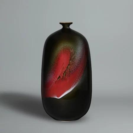 Sadamatsu Zenji, tall ceramic vase in black and red cinnabar enamel
