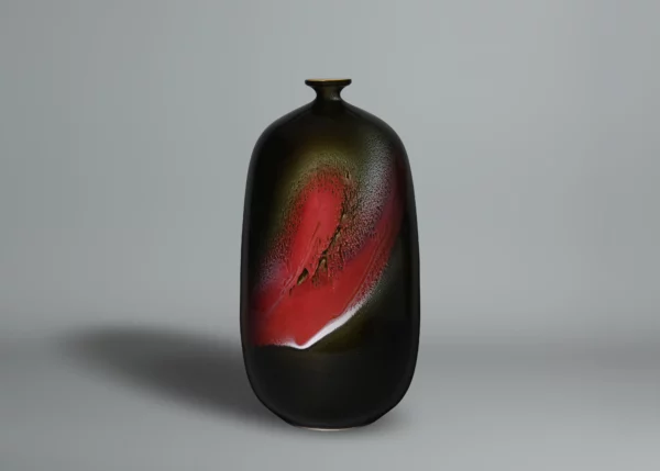 Sadamatsu Zenji, tall ceramic vase in black and red cinnabar enamel